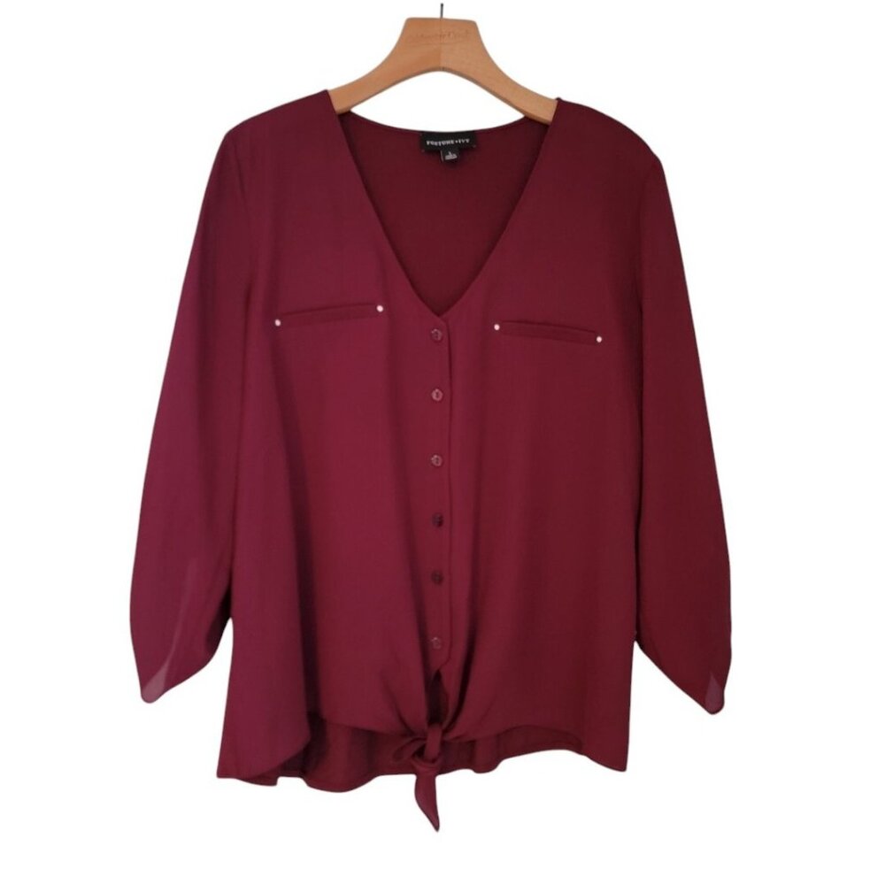 Fortune & Ivy Women Button Up‎ Tie Front Wine Color Roll Tab Sleeve Top L